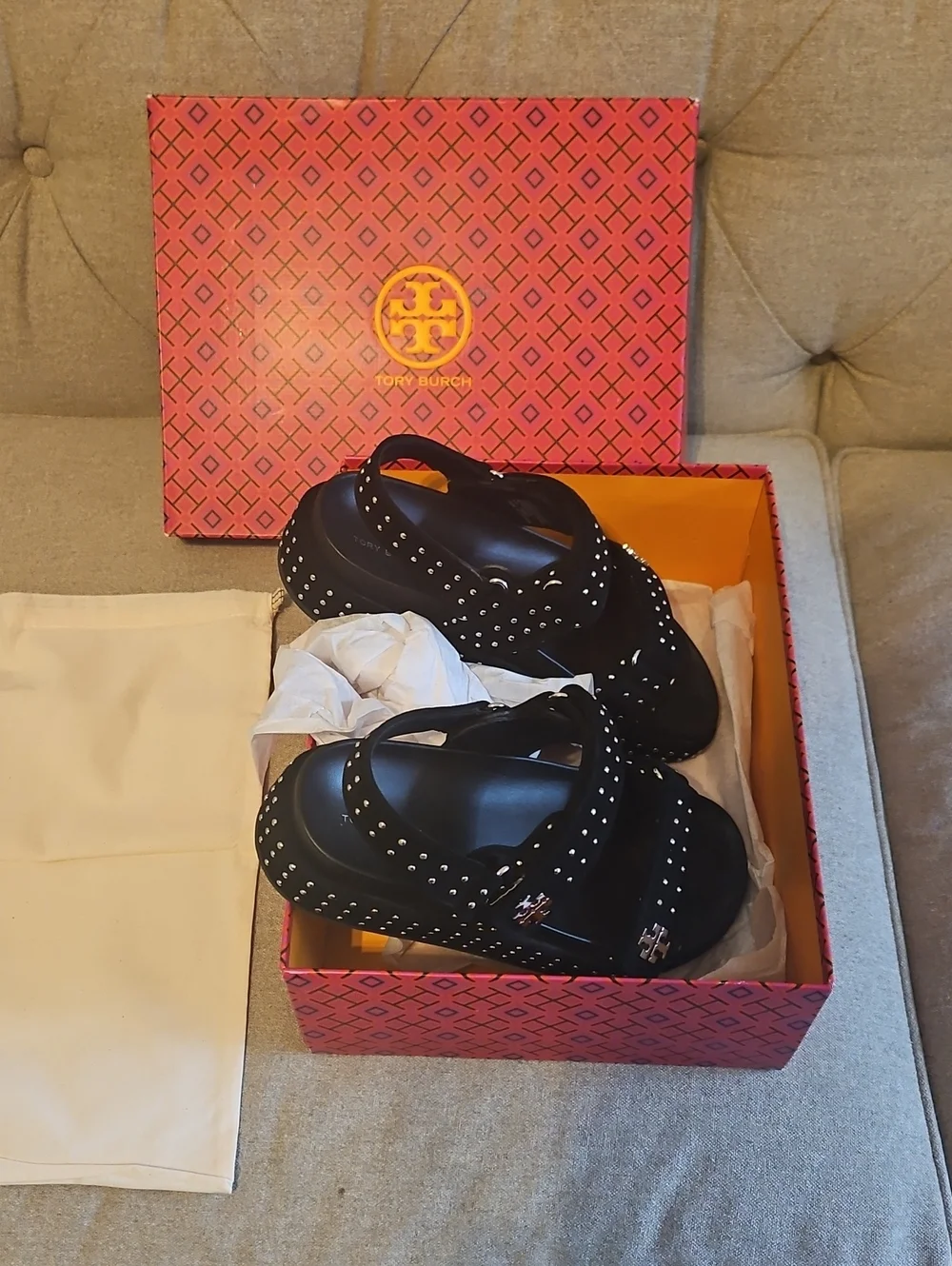 NWT Tory Burch Black Studded Platform Sandals with Logo Accent Kira